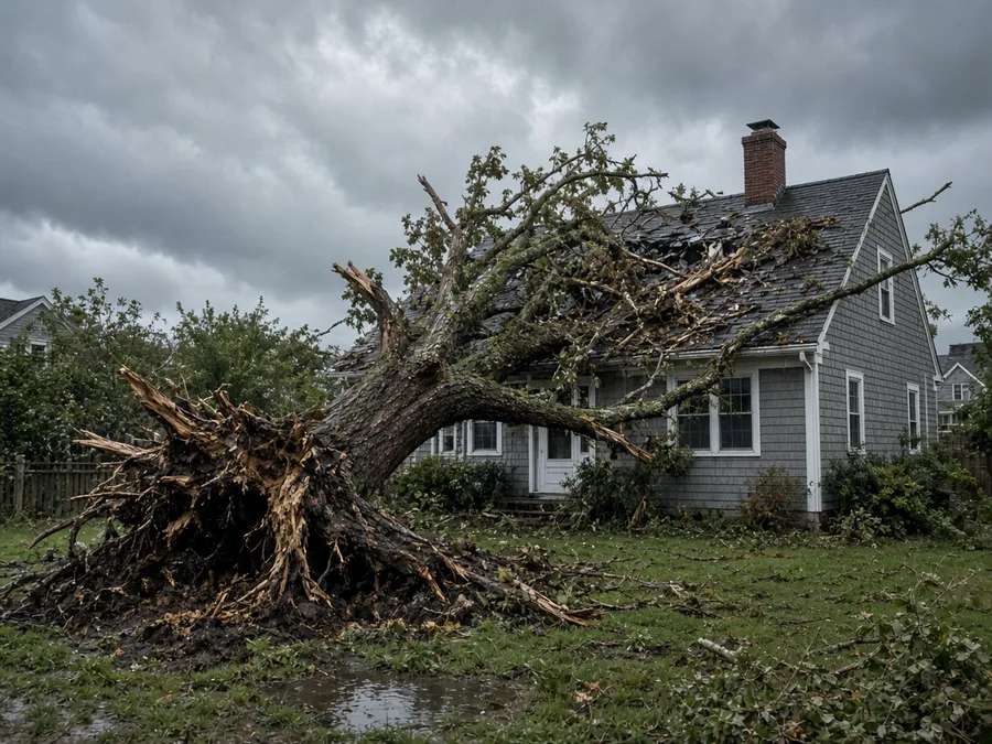 Uprooted tree with its root ball exposed, fallen beside a house under stormy skies