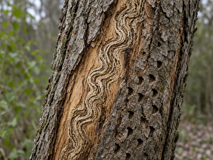 Ash tree bark with S-shaped larval galleries and small D-shaped exit holes typical of emerald ash borer