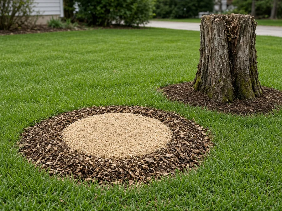Ground-down stump area covered in wood chips next to a remaining tree stump on a lawn