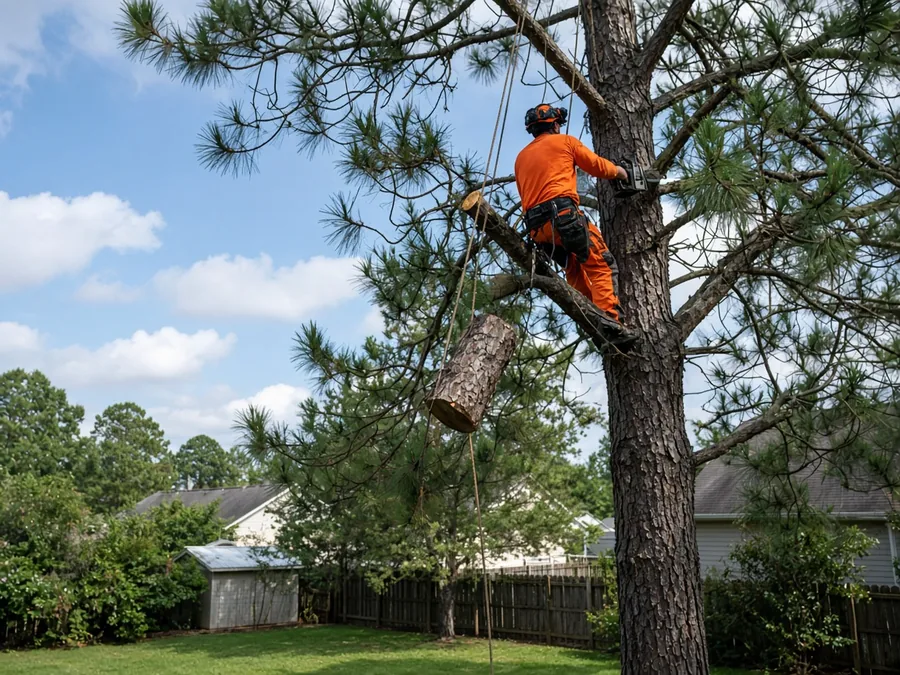 Climber in orange safety gear lowering a cut section from a tall pine tree
