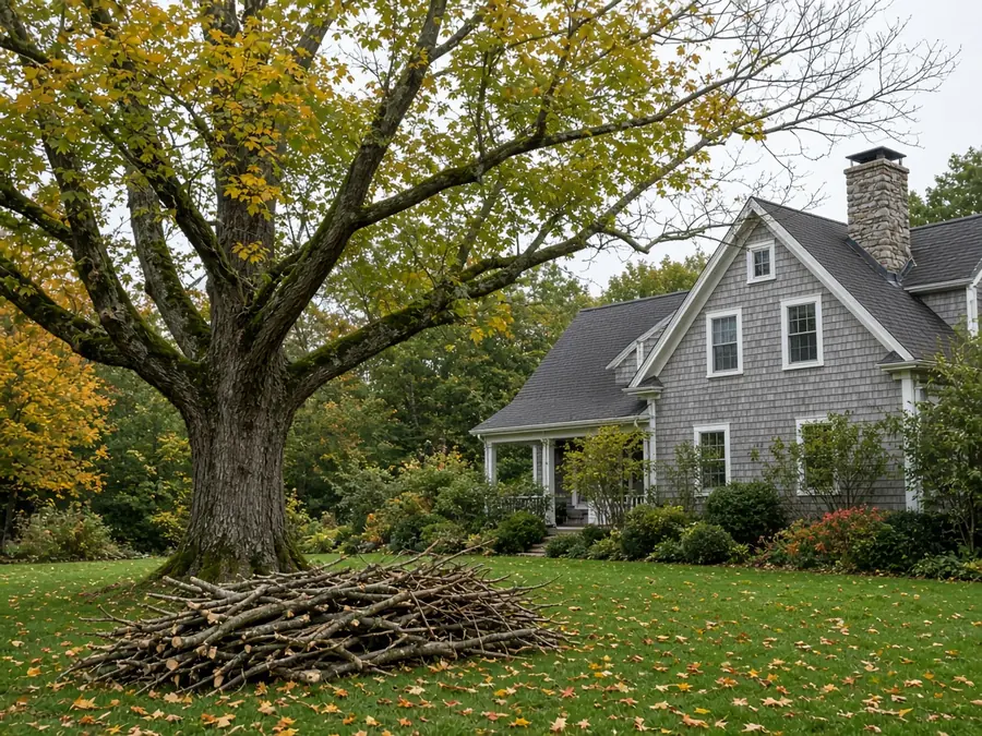 Mature oak in front of a gray house with a pile of pruned branches on the lawn